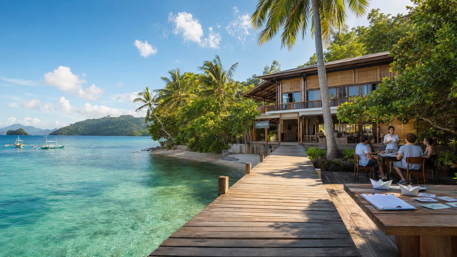 The school's bamboo campus on stilts beside a turquoise lagoon, a wooden boardwalk leading to the water